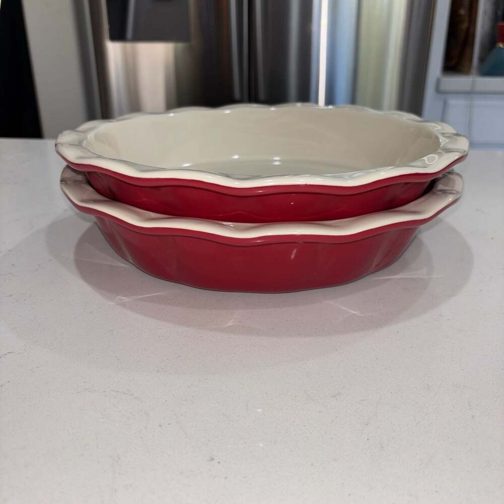 Set of 2 Good Cook Ceramic 9” Ruffled Scalloped Edge Pie Dishes Red and Cream